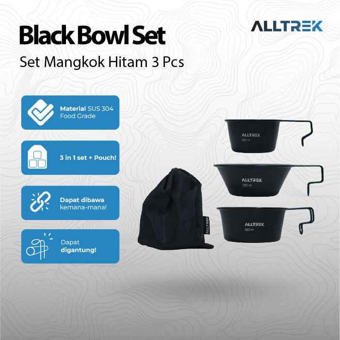 ALLTREK Mangkok Gantung Set 3pcs Stainless Steel Black Bowl Camping